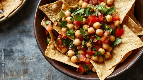 Roasted chickpea tortilla chips are an advantageous appetizer photo