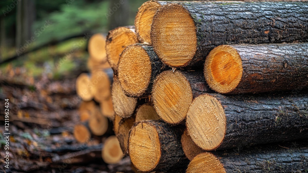 Timber production logs neatly stacked at a logging site showcasing the raw materials of the timber industry in a forest environment.