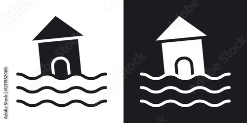 Flooded house icons in solid black and white colors