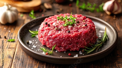 Raw steak tartare finely minced with herbs and spices presented on a rustic plate surrounded by garlic and fresh ingredients