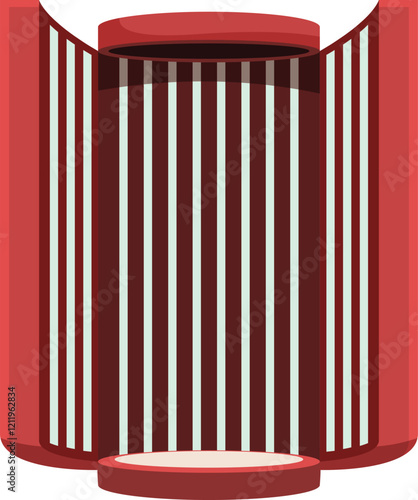Solarium with red and white vertical stripes and a circular podium, ideal for beauty and relaxation treatments