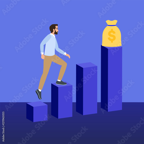 Businessman walking up bar graph to reach money bag