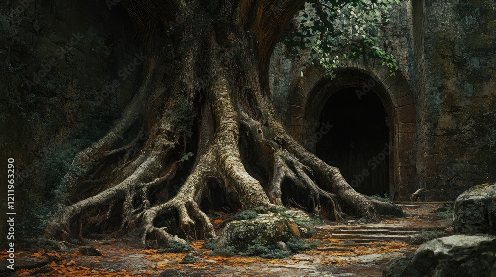 Fototapeta premium Majestic fig tree trunk with expansive roots and buttresses in a serene, ancient setting surrounded by lush foliage and stone architecture