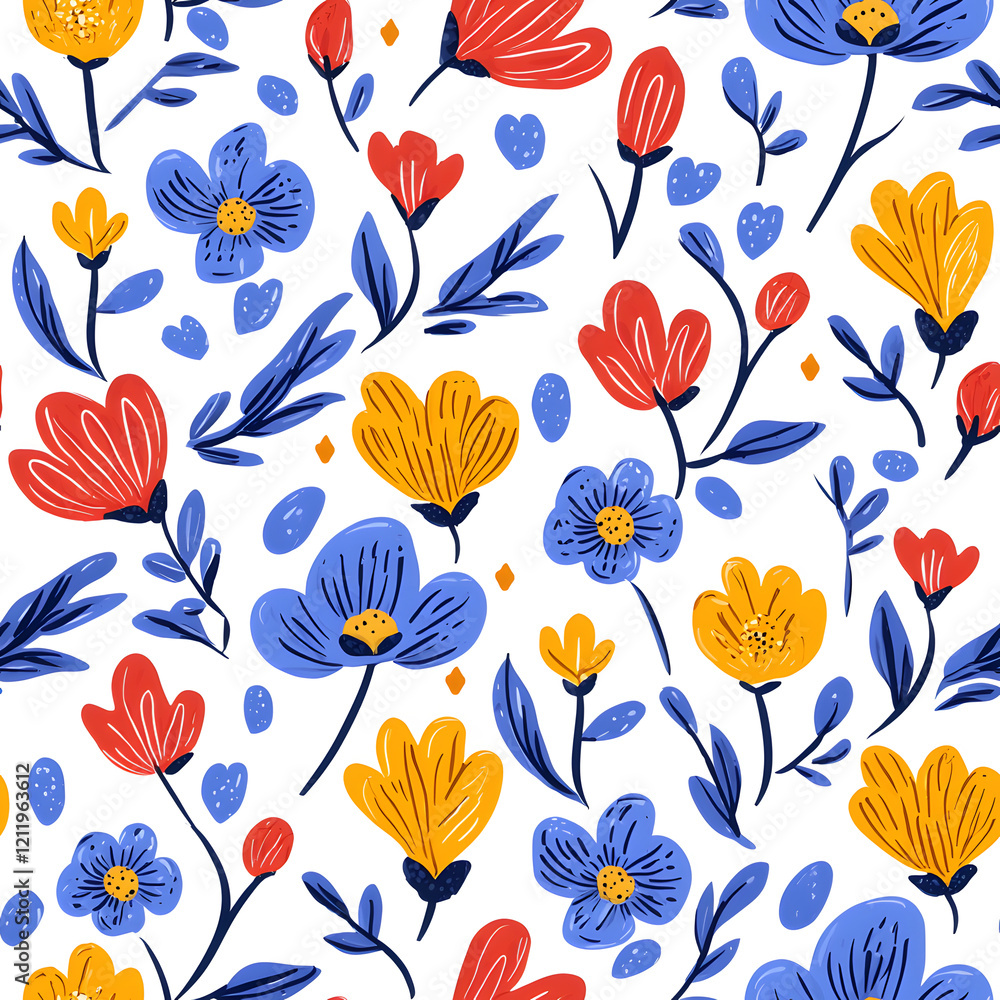 Folk art inspired seamless pattern with flowers, geometric organic shapes, on white background Folk art inspired seamless pattern with flowers, geometric organic shapes, on white background