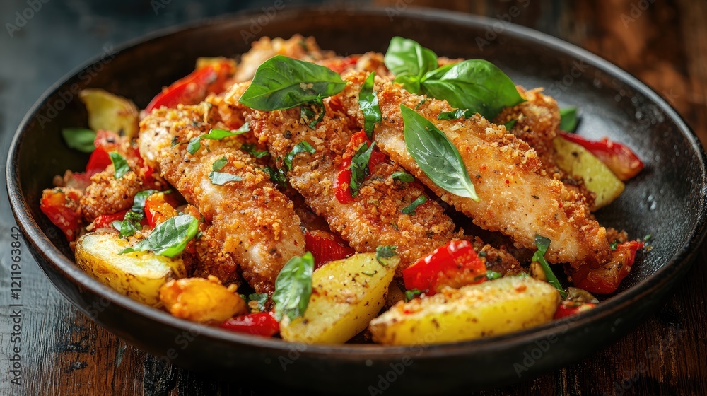 Crispy fried chicken strips with potato wedges and fresh basil on a rustic wooden table with colorful peppers and herbs Crispy fried chicken strips with potato wedges and fresh basil on a rustic wooden table with colorful peppers and herbs