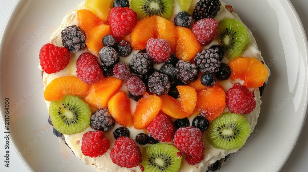 Obraz premium Delicious breakfast top view showcasing vibrant tropical fruits like raspberries, blueberries, kiwi, and blackberries on a creamy cake base, natural light.