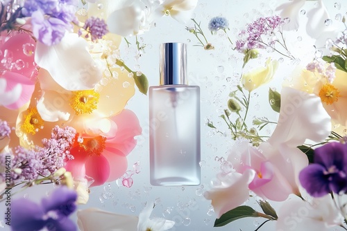 Delicate empty makeup setting spray bottle, surrounded by fresh spring, summer flowers, greenery in clean white colors, highlighting natural beauty and self-care.