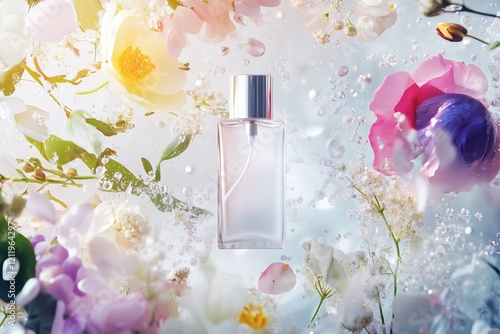 Delicate empty makeup setting spray bottle, surrounded by fresh spring, summer flowers, greenery in clean white colors, highlighting natural beauty and self-care.