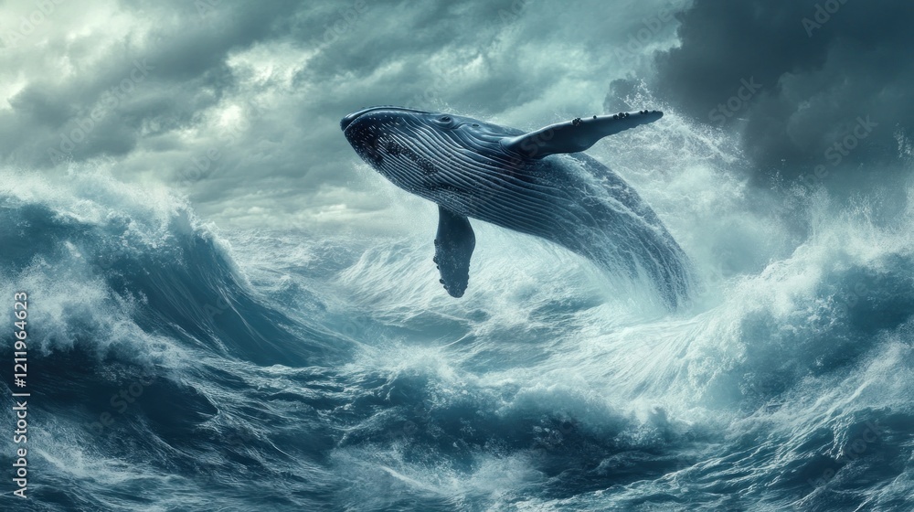 Fototapeta premium Majestic Humpback Whale Breaching in Stormy Ocean Waves