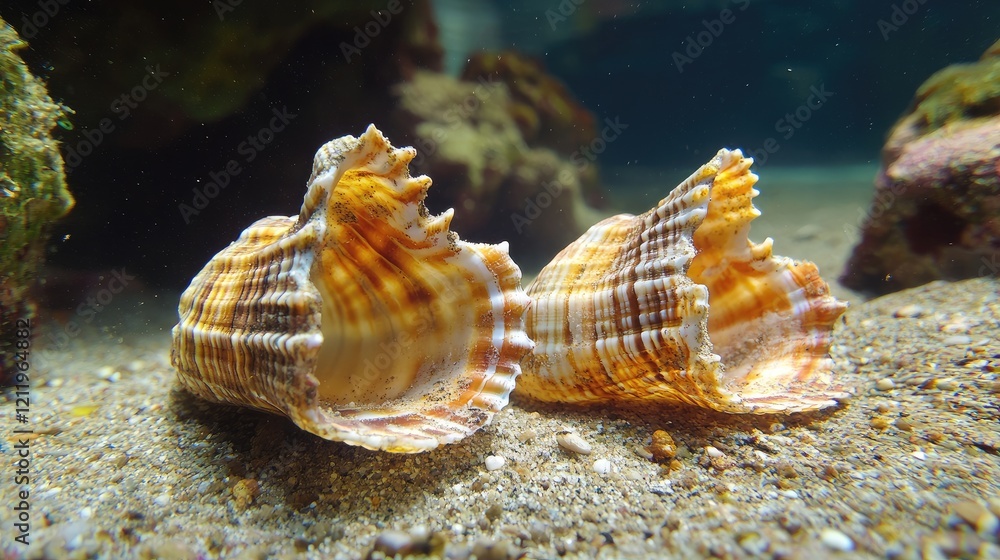 Undersea monodont shells resting on sandy beach floor surrounded by marine rocks and sand grains in tranquil underwater landscape Undersea monodont shells resting on sandy beach floor surrounded by marine rocks and sand grains in tranquil underwater landscape
