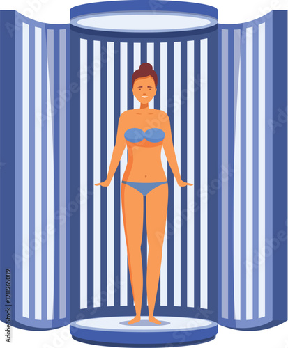 Woman enjoying a tanning session in a modern vertical solarium, embracing the summer vibes