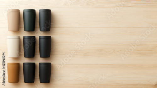 A stylish arrangement of ceramic cups in various colors resting on a wooden surface, perfect for modern dining aesthetics. photo