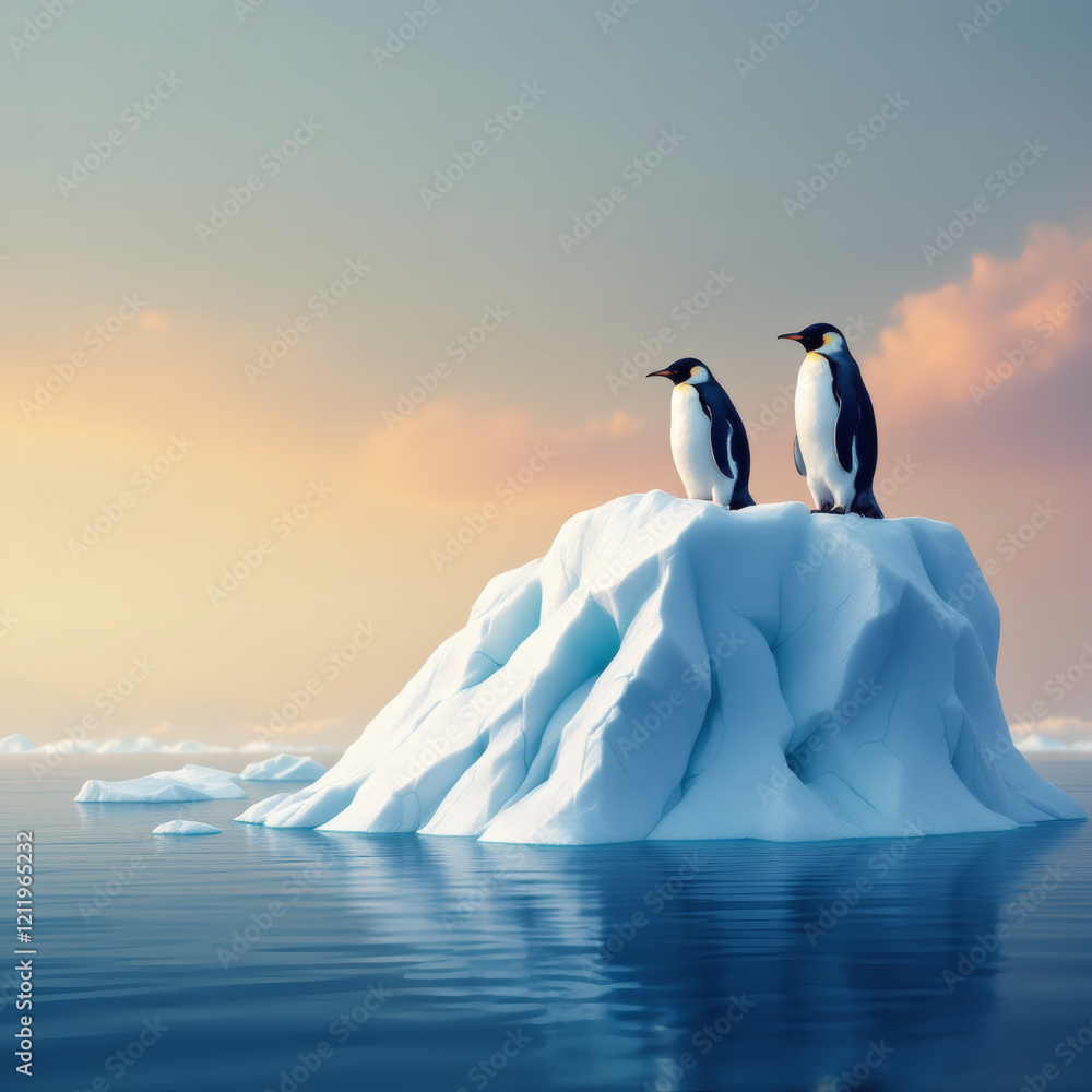 Obraz premium A lone penguin floats on a shrinking iceberg, symbolizing the urgent effects of global warming and climate change on Arctic wildlife.