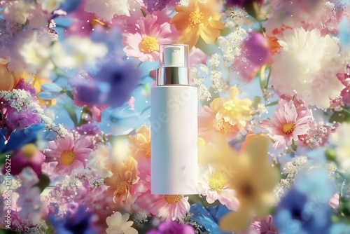 Delicate empty makeup setting spray bottle, surrounded by fresh spring, summer flowers, greenery in clean white colors, highlighting natural beauty and self-care.