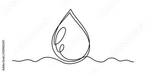 Water drop one line art,hand drawn fresh wet dew design drawing continuous contour.Aqua drinkable natural rainy dribble outline,pour moisture symbol.Isolated.Editable stroke. Vector illustration