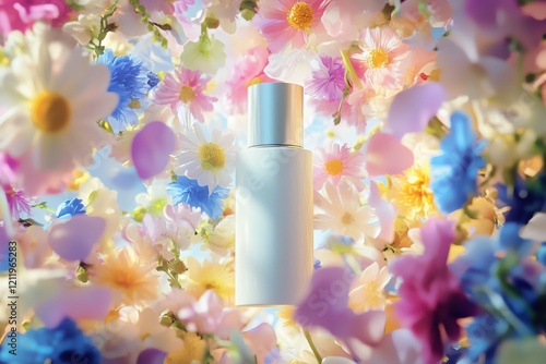 Delicate empty makeup setting spray bottle, surrounded by fresh spring, summer flowers, greenery in clean white colors, highlighting natural beauty and self-care.