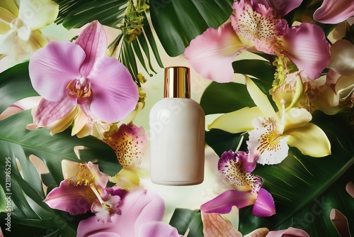 Delicate empty makeup setting cosmetic bottle, surrounded by exotic tropical flowers, greenery, a variety of vibrant flowers, highlighting natural beauty and self-care.