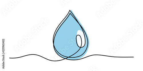 Water drop one line art,hand drawn fresh wet dew design drawing continuous contour.Aqua drinkable natural rainy dribble outline,pour moisture symbol.Isolated.Editable stroke. Vector illustration
