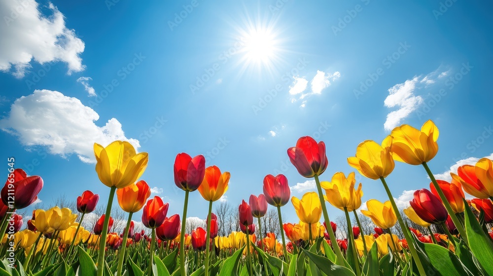Fototapeta premium Colorful Tulip Field Under Bright Sun and Blue Sky with Fluffy Clouds in Springtime Horizontal Panorama