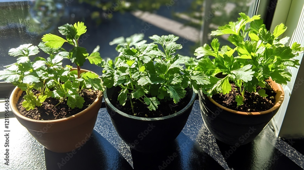 Some new plants like cilantro and savory thy in a pestle and mortar Some new plants like cilantro and savory thy in a pestle and mortar