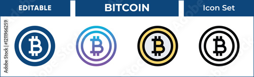 Bitcoin Icon Set. Includes line, gradient, filled, and outline styles. Perfect for cryptocurrency projects, financial websites, and tech presentations.