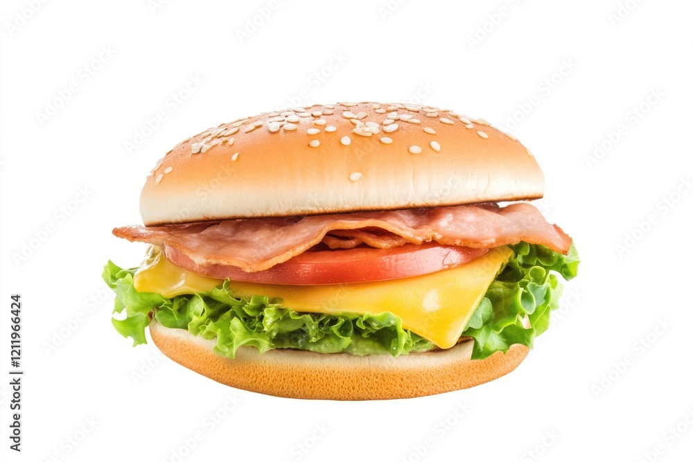 A juicy burger topped with crispy bacon, fresh lettuce, ripe tomato, and melted cheese on a toasted bun A juicy burger topped with crispy bacon, fresh lettuce, ripe tomato, and melted cheese on a toasted bun