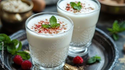Wallpaper Mural Refreshing Turkish Ayran Yogurt Drink Served in Glasses with Mint and Spices on Rustic Tray Ideal for Healthy Beverage Promotion Torontodigital.ca