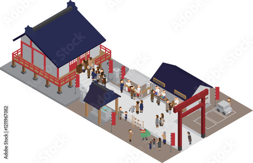 アイソメトリックな初詣で賑わう神社のイラスト
