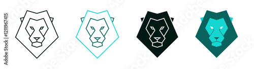 Polygonal lion head icon set. Low poly animal face. Line or solid logo design for web, print, app or branding. Minimalistic symbol. Modern illustration. Polygon geometric art. Editable vector stroke. 