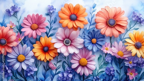 Wallpaper Mural A beautiful arrangement of colorful flowers against a calm blue background Torontodigital.ca