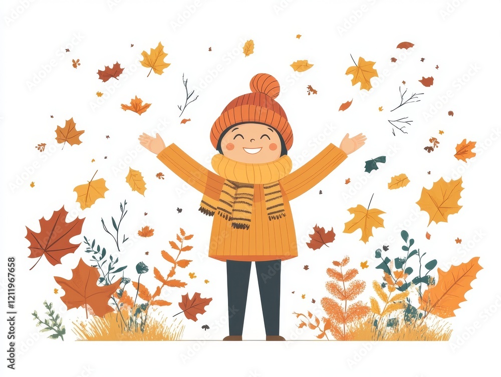 Cheerful Cartoon Character Embracing the Beauty of Autumn Season Cheerful Cartoon Character Embracing the Beauty of Autumn Season