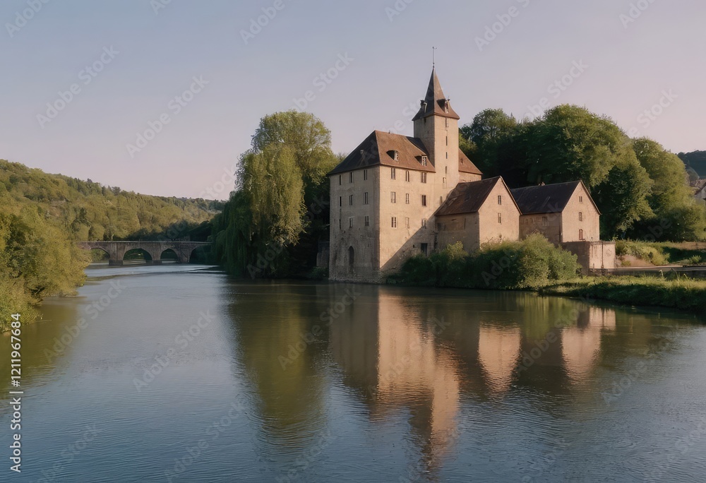 In the center of a serene lake, a beautiful castle rests on a small island In the center of a serene lake, a beautiful castle rests on a small island