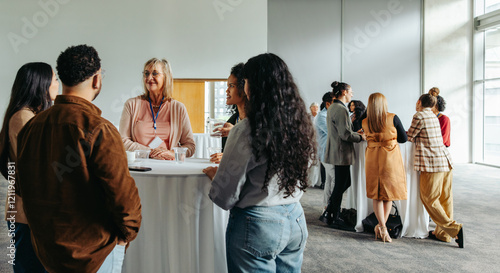 Foto Corporate event with diverse attendees enjoying refreshments and networking