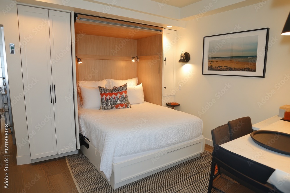 Cozy Minimalist Studio Apartment with Murphy Bed and Warm Lighting, Featuring Clean Surfaces and Off-White Walls for a Welcoming Atmosphere Cozy Minimalist Studio Apartment with Murphy Bed and Warm Lighting, Featuring Clean Surfaces and Off-White Walls for a Welcoming Atmosphere
