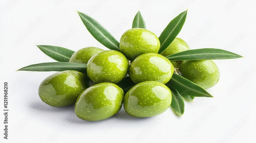 Fresh green olives surrounded by lush leaves arranged in an artistic cluster on a pure white background showcasing vibrant colors and natural beauty Fresh green olives surrounded by lush leaves arranged in an artistic cluster on a pure white background showcasing vibrant colors and natural beauty