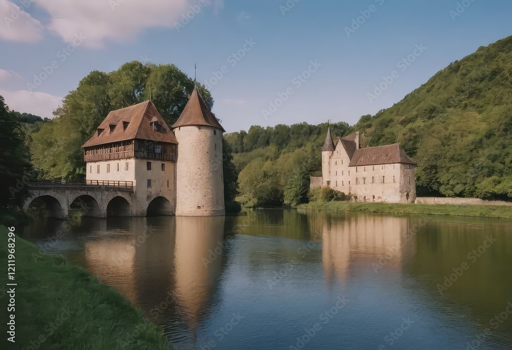 Fototapeta premium In the center of a serene lake, a beautiful castle rests on a small island