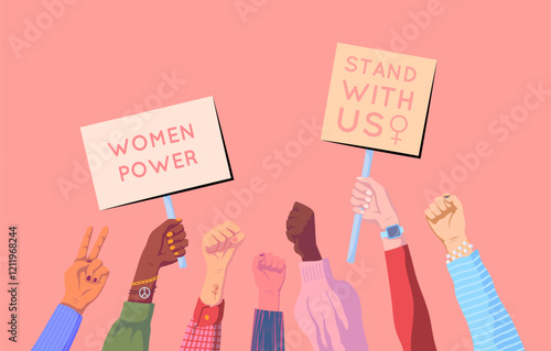 Cartoon Color Woman Hands holding Banner of Women Power Set Female Solidarity Concept Flat Design Style. Vector illustration