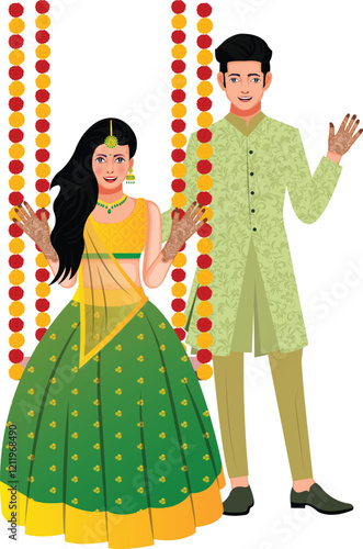 Indian Bride And Groom Celebrate Mehndi Ceremony Vector Illustration