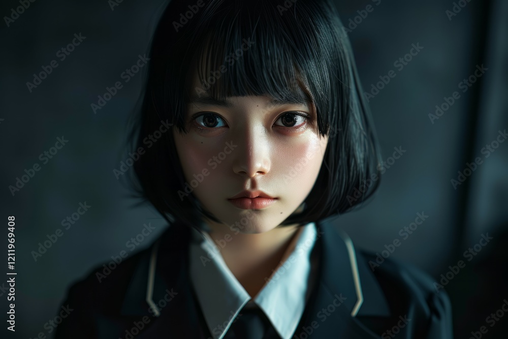 Portrait of Asian schoolgirl with grey background. Neural network ai generated Portrait of Asian schoolgirl with grey background. Neural network ai generated