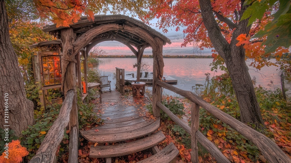 Autumnal lake dock sunrise, wooden gazebo, fall leaves Autumnal lake dock sunrise, wooden gazebo, fall leaves