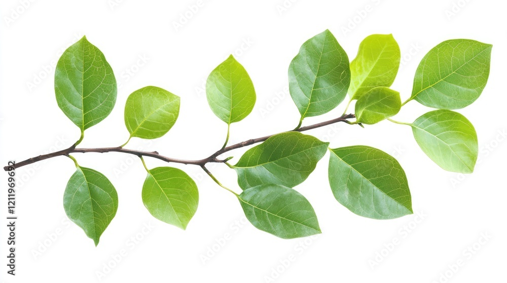 Fresh tropical green leaves on branch isolated on white background perfect for nature themes or botanical designs in advertisements and marketing. Fresh tropical green leaves on branch isolated on white background perfect for nature themes or botanical designs in advertisements and marketing.