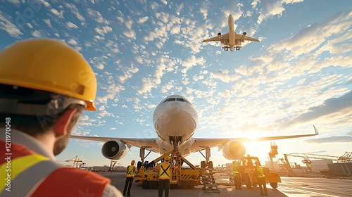 Cargo management logistics network concept. A worker in a safety helmet observes an aircraft at sunset, with another plane taking off in the sky, highlighting airport operations.