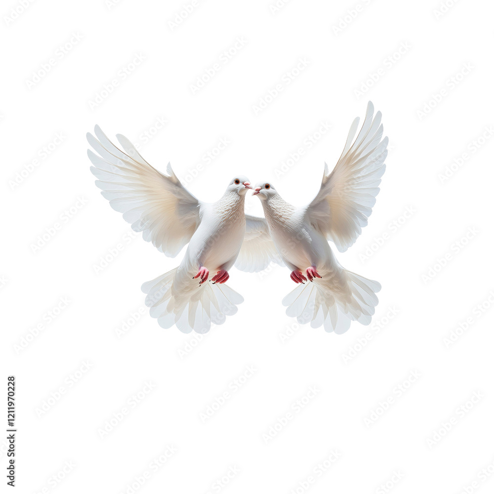 Obraz premium Two White Doves in Flight, Kissing