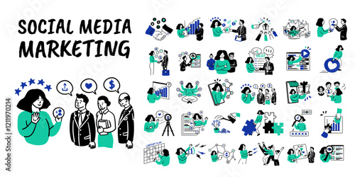 Cartoon Color Social Media Marketing Concept Set Concept Set Flat Design Style. Vector illustration of Scenes with Women and Men