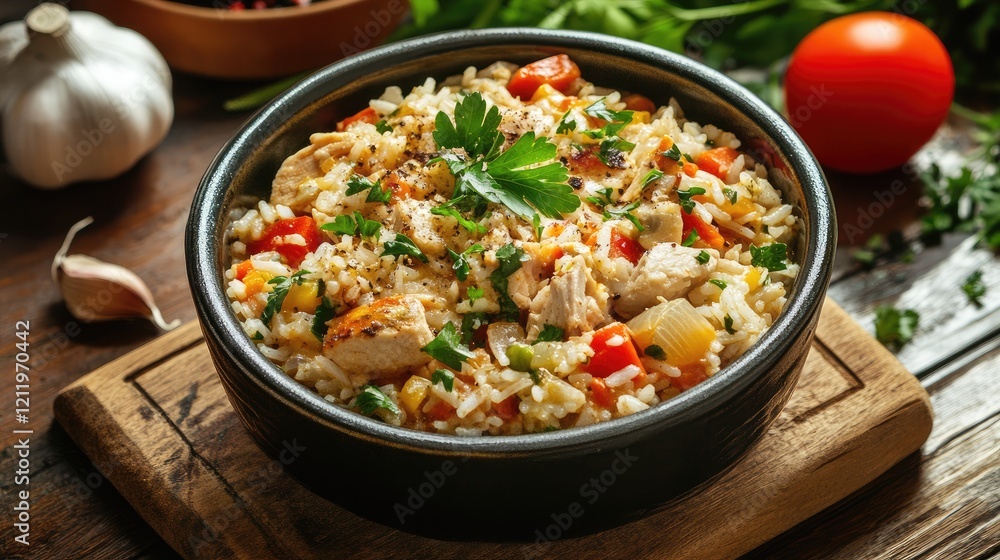 Hearty turkey and rice stew with fresh vegetables and herbs served in a rustic bowl on a wooden table Hearty turkey and rice stew with fresh vegetables and herbs served in a rustic bowl on a wooden table
