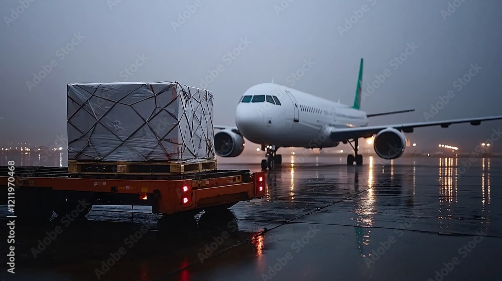 Fototapeta premium Cargo management logistics network concept. Cargo plane on a rainy airport runway with a large freight container next to it, illuminated by ambient lights in a moody atmosphere.