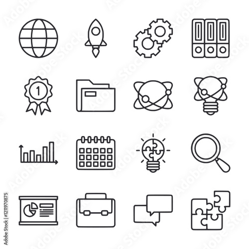 A set of icons for a calendar, a rocket, a globe, a book, a computer