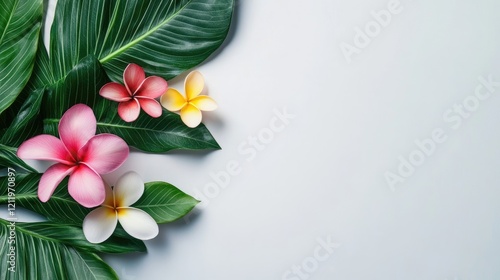 Vibrant frangipani flowers and lush green leaves on a soft background showcasing tropical beauty and nature's elegance. photo