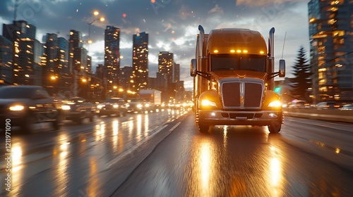 Cargo management logistics network concept. A bright orange truck drives through a wet city street at dusk, with skyscrapers illuminated in the background.