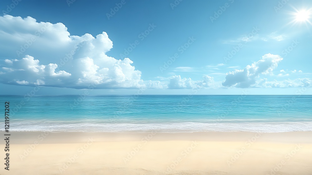 Serene Beach Scene Under a Sunny Sky With Fluffy Clouds Serene Beach Scene Under a Sunny Sky With Fluffy Clouds